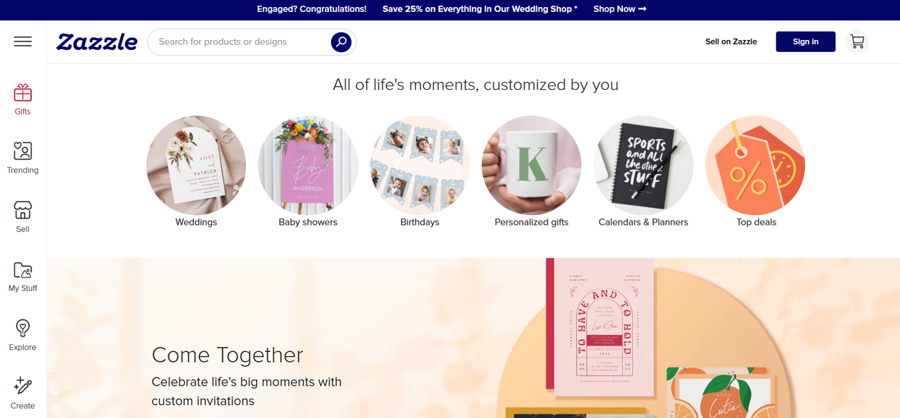 Zazzle homepage