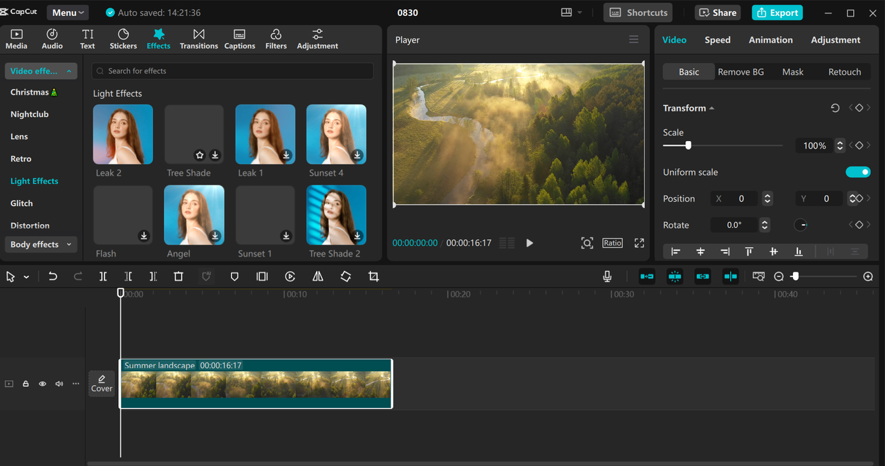 Interface of the CapCut desktop video editor - an easy way to add lighting effects