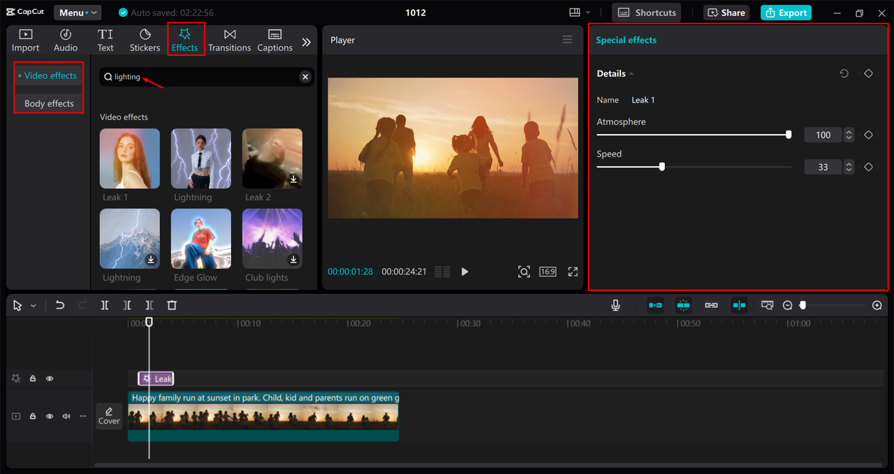 Adding a lighting effect to the CapCut desktop video editor