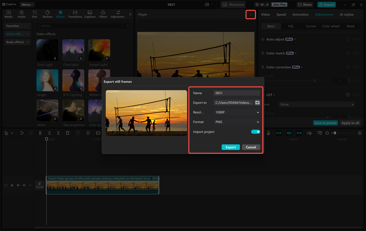 Exporting an image from the CapCut desktop video editor