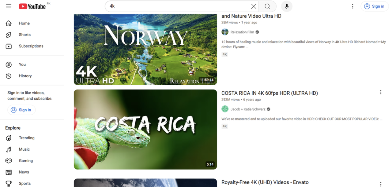 Searching for a 4k video on YouTube