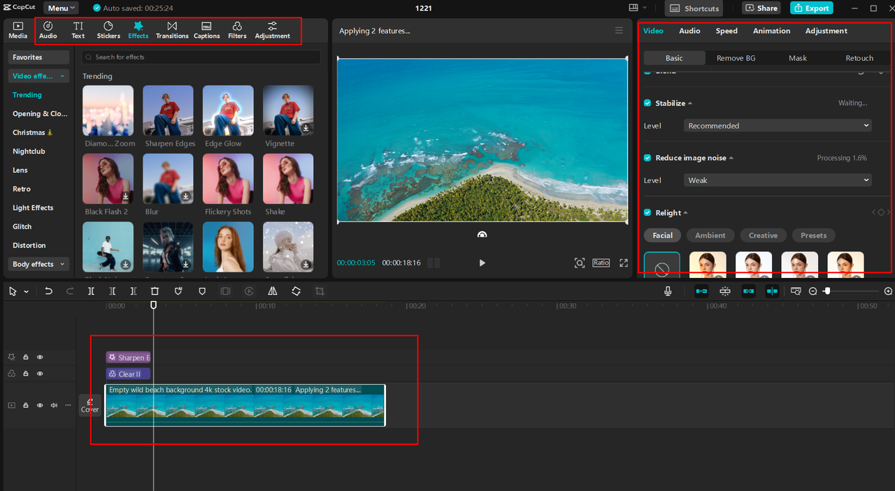 Showing interface of CapCut editing 4k videos