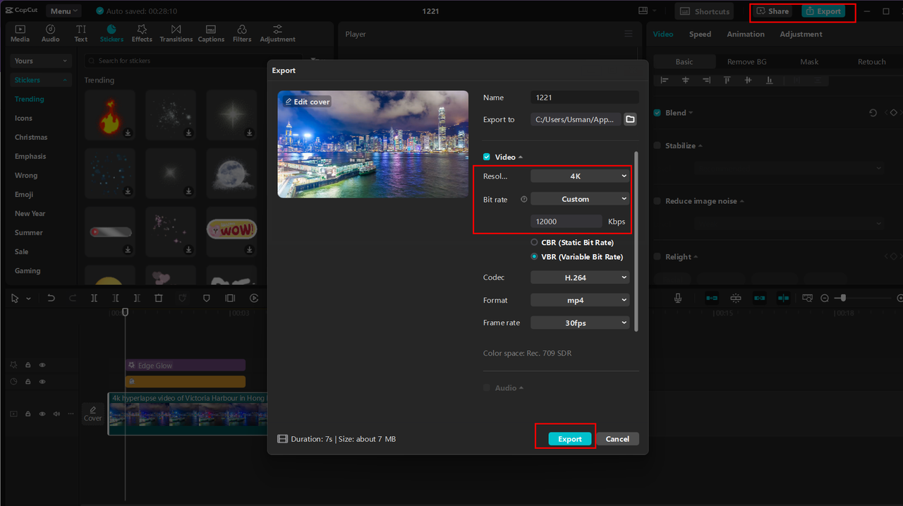 Exporting or sharing the video with 4k resolution