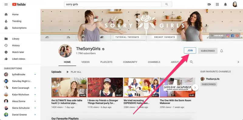 YouTube ad CTA inviting users to join channel membership for perks