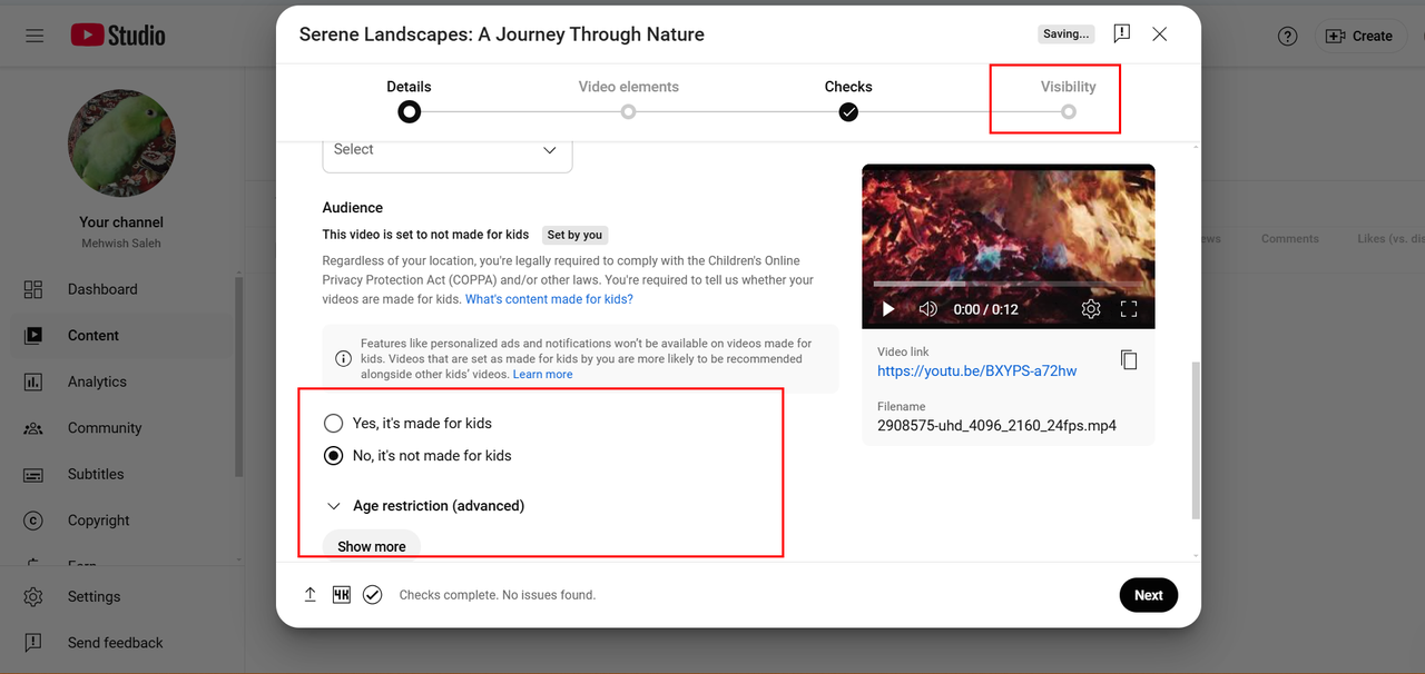 Adjusting audience and visibility to upload video to YouTube