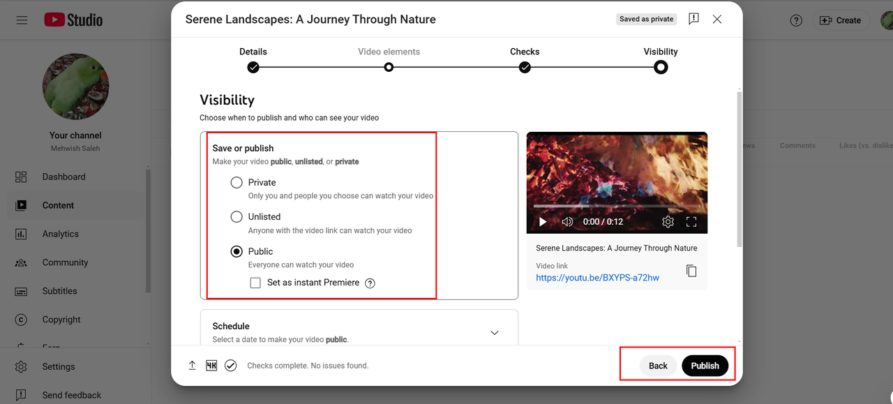 Publishing and monitoring the 4k video upload to YouTube