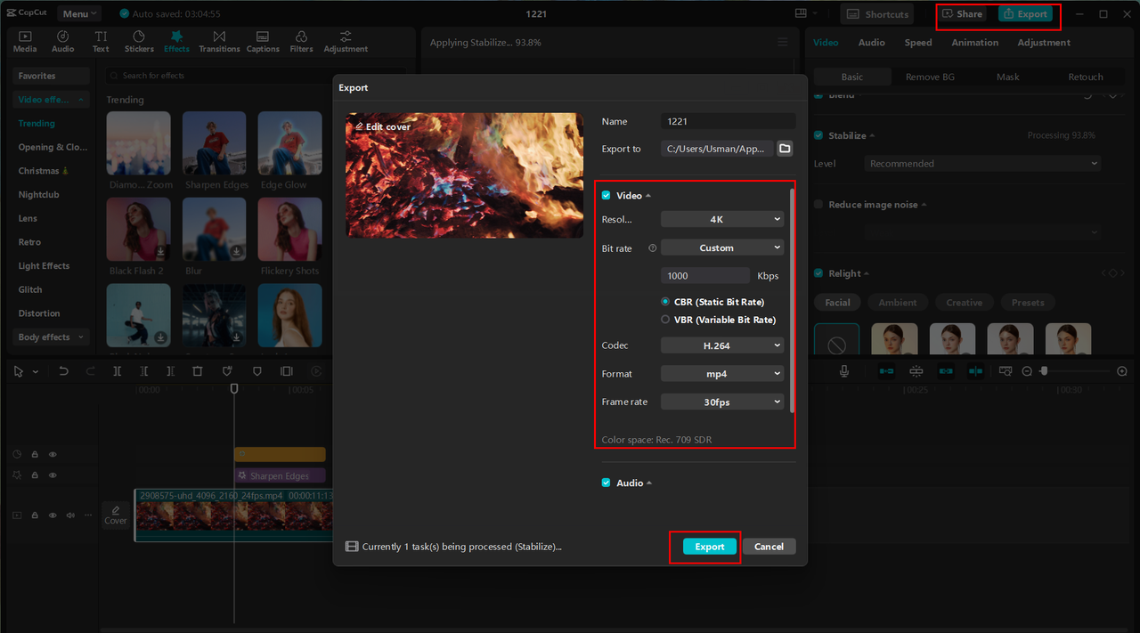 Exporting or sharing the video from CapCut with 4k resolution