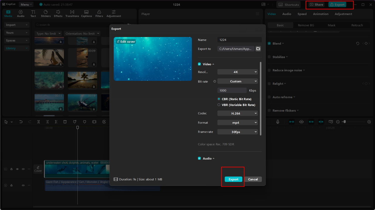 Exporting or sharing the 4k video from CapCut