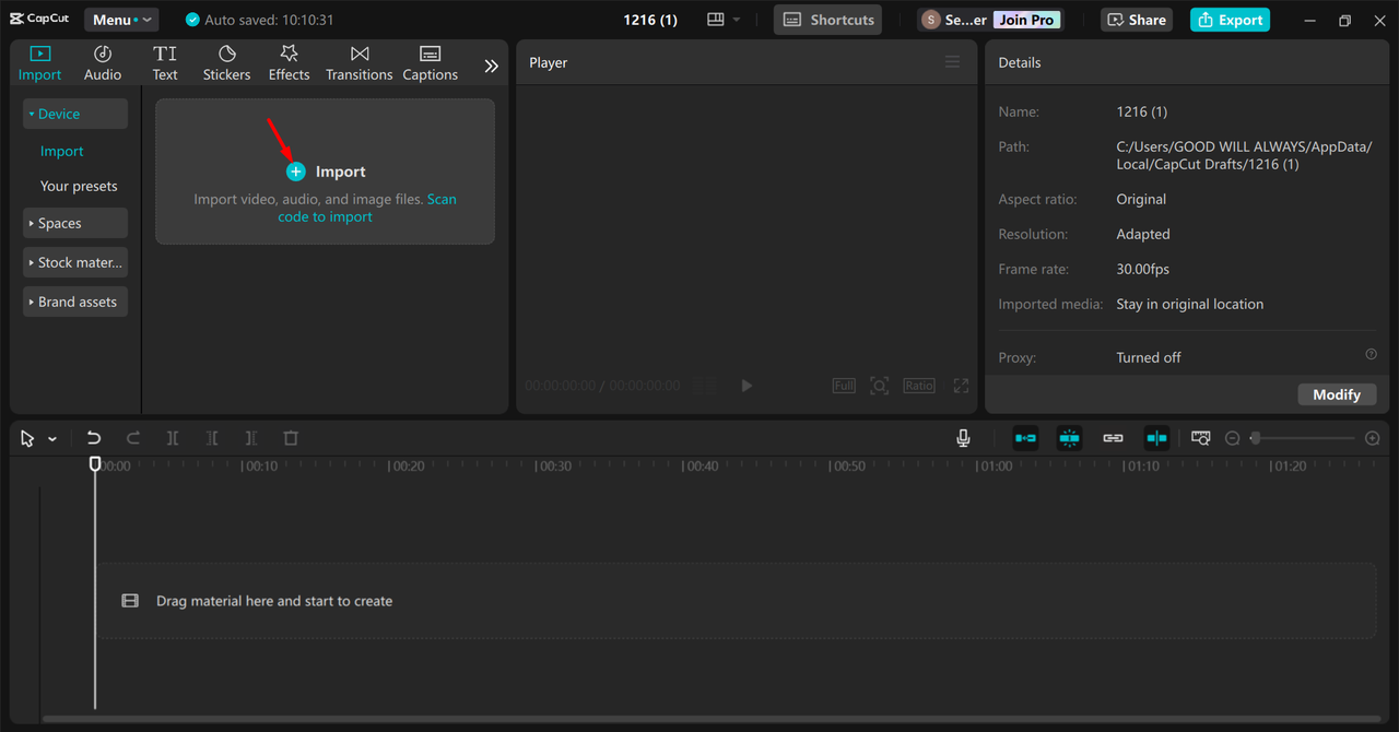 Uploading media in the CapCut desktop video editor