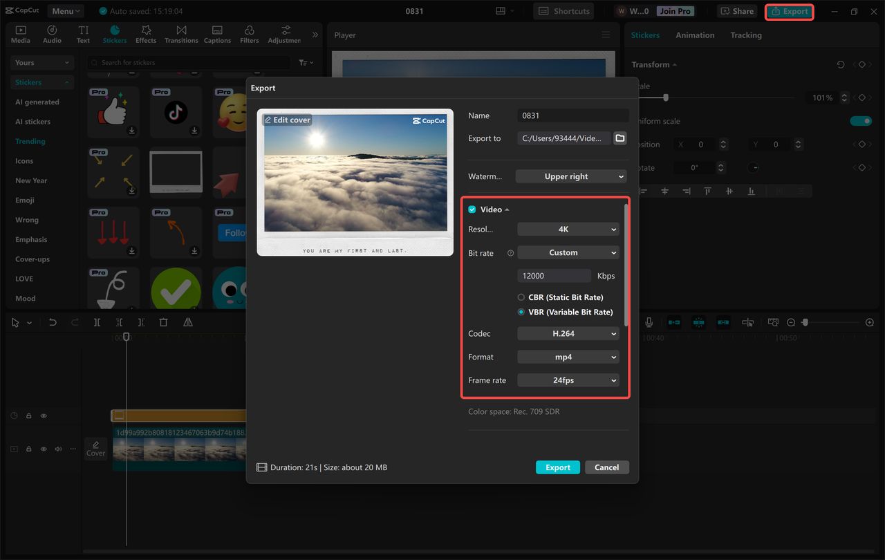 Exporting a 4k video from the CapCut desktop video editor