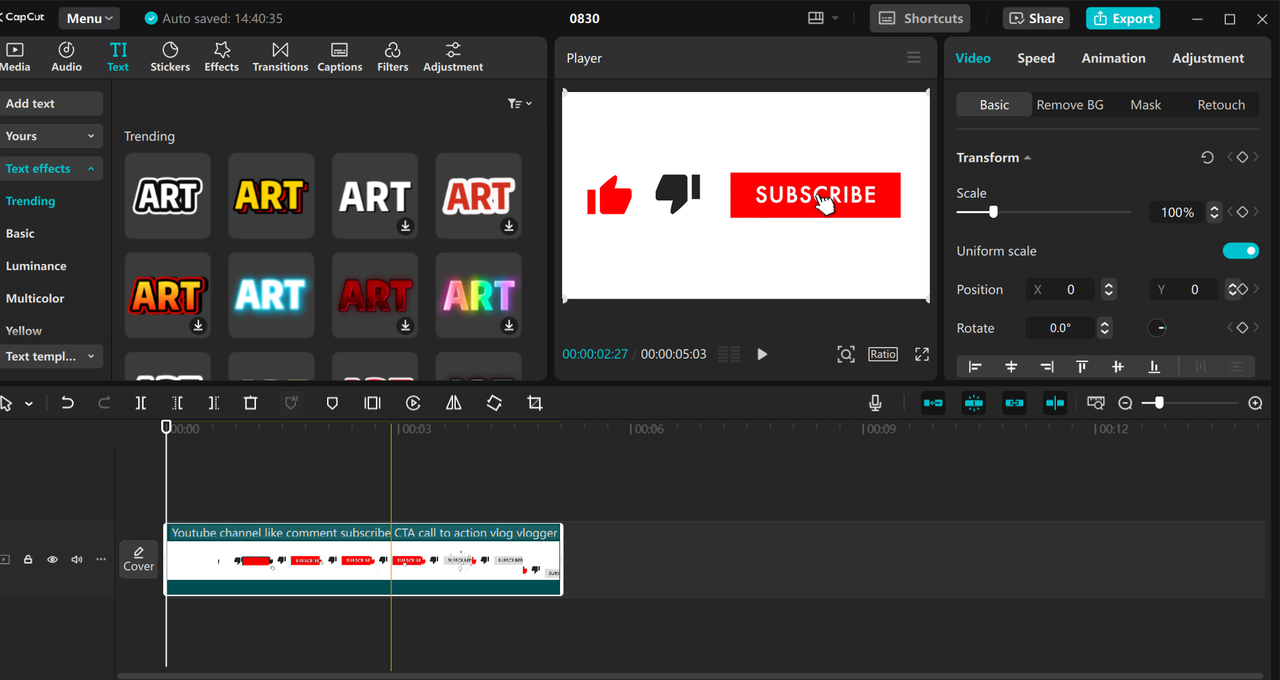 Interface of the CapCut desktop video editor - a quick way to add CTA to your videos