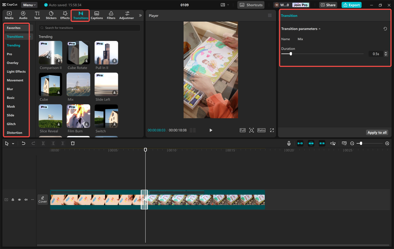 Adding transitions to TikTok videos in the CapCut desktop video editor