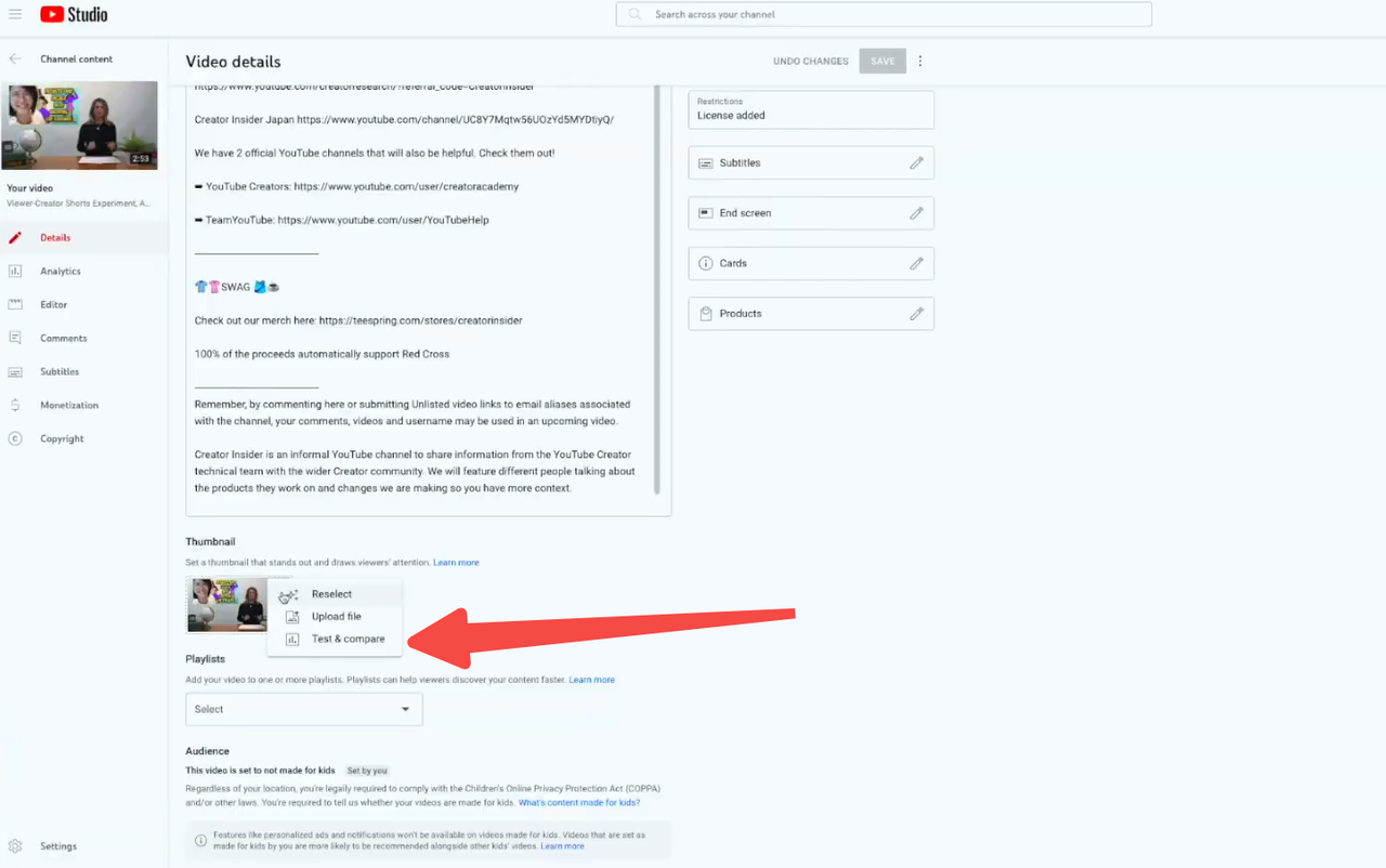 Opening the Test & Compare tool for YouTube A/B testing