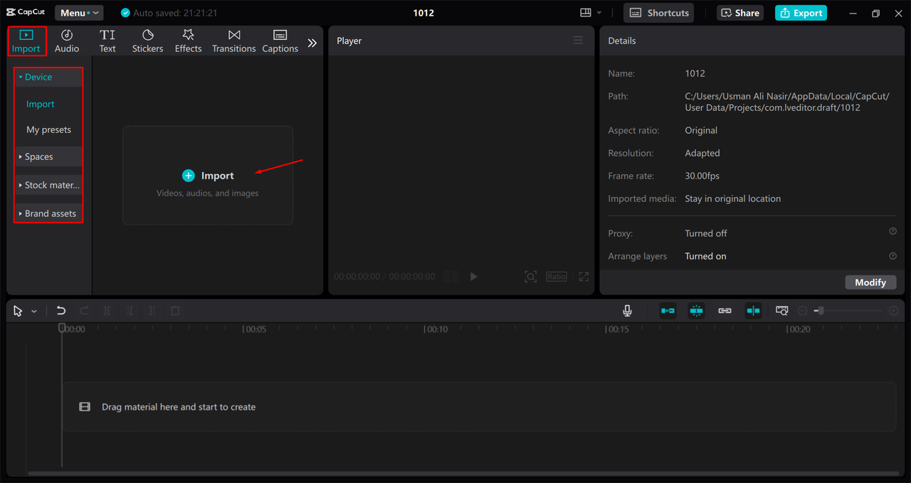 Importing a video into the CapCut desktop video editor 