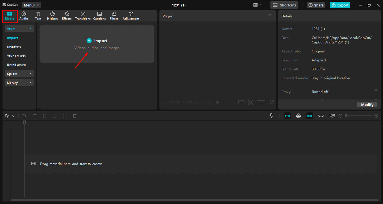 Uploading media to the CapCut desktop video editor