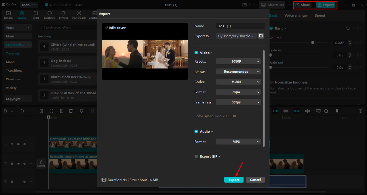 Exporting video from the CapCut desktop video editor