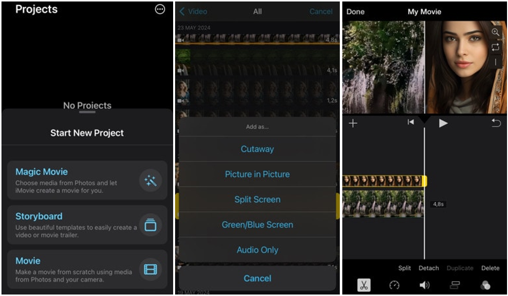 Interface of iMovie showing how to put two videos side by side on iOS