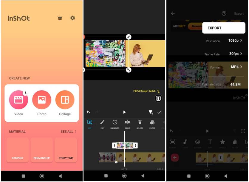 The interface of InShot displays how to put two videos side by side on Andriod. 