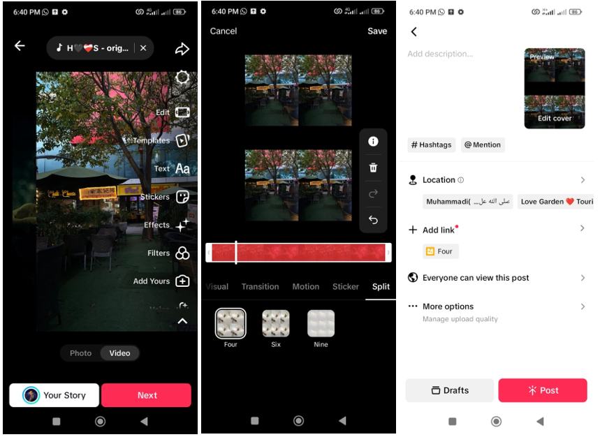 Interface of TikTok shows how to put two videos side by side