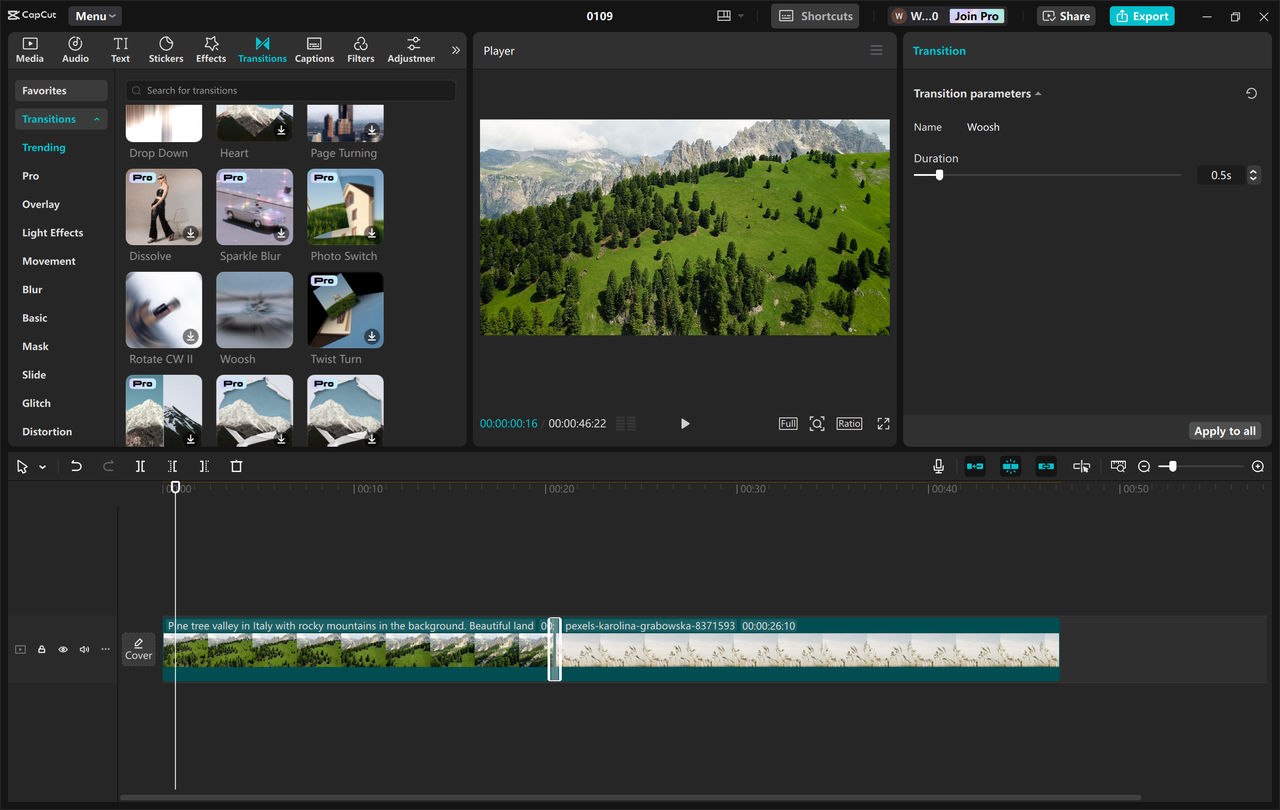 Interface of the CapCut desktop video editor - a quick way to add dynamic transitions to videos