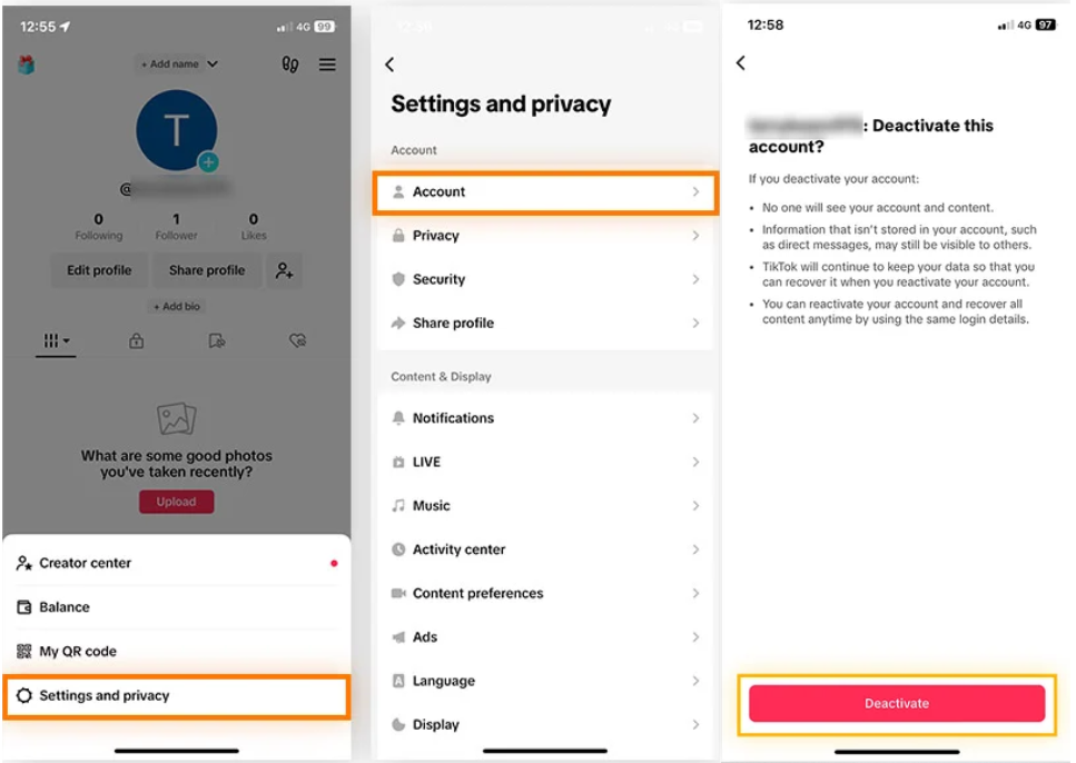 Showing how do you close a TikTok account temporarily