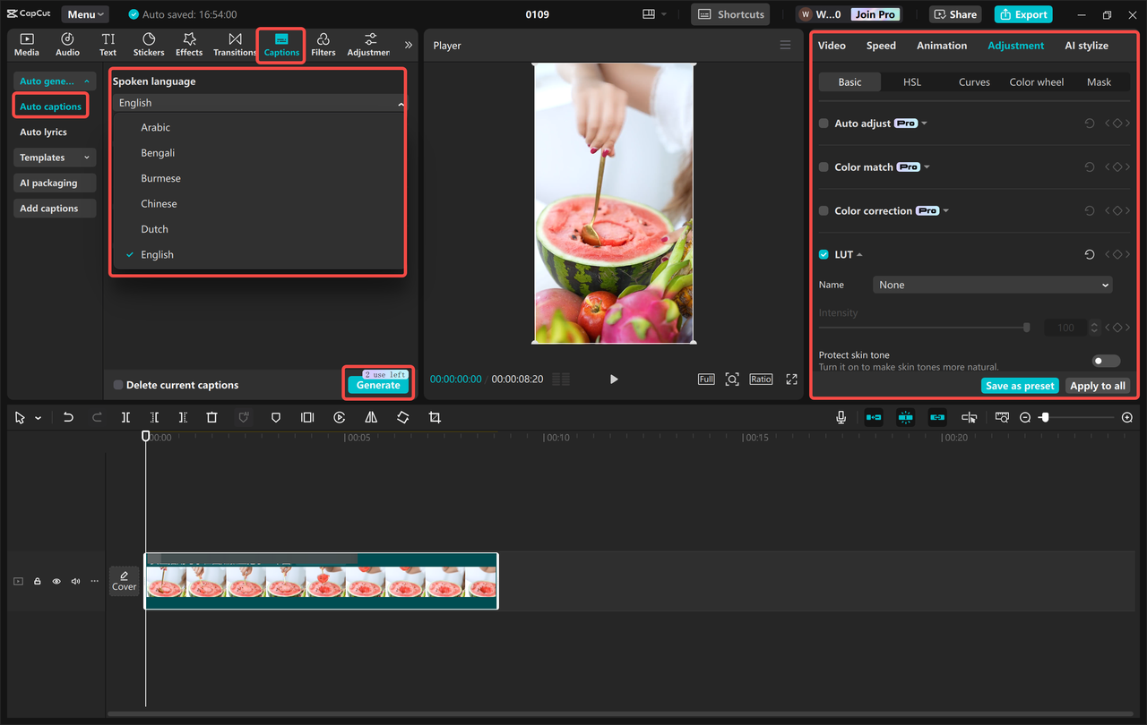 Editing a video in the CapCut desktop video editor