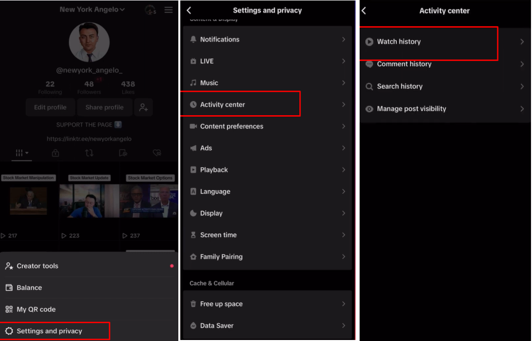 Interface showing how to find TikTok history on mobile