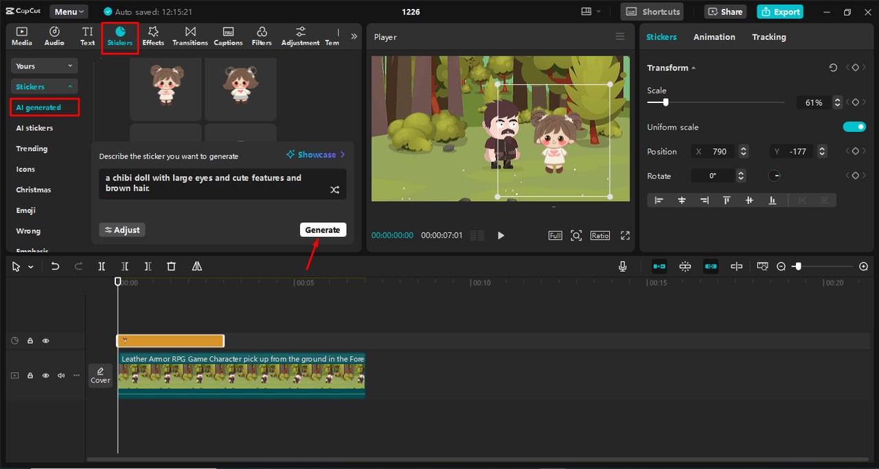 Generating and customizing a chibi sticker in the CapCut desktop video editor