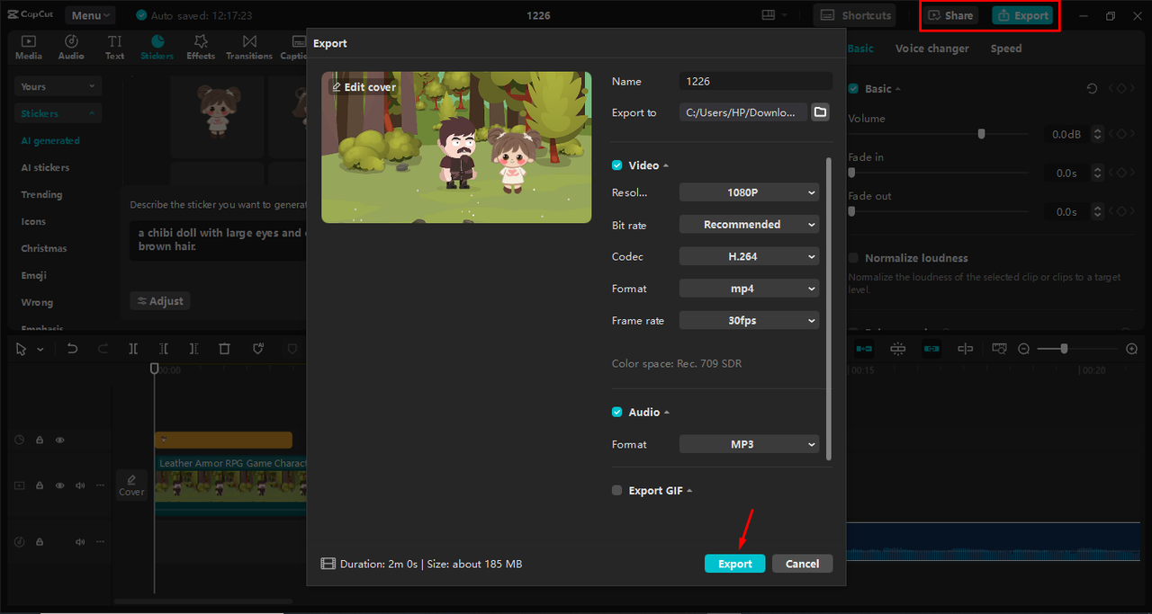 Exporting the video from the CapCut desktop video editor