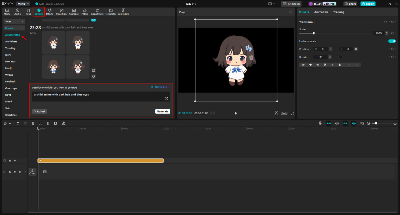 Generating a chibi character with CapCut's AI sticker generator