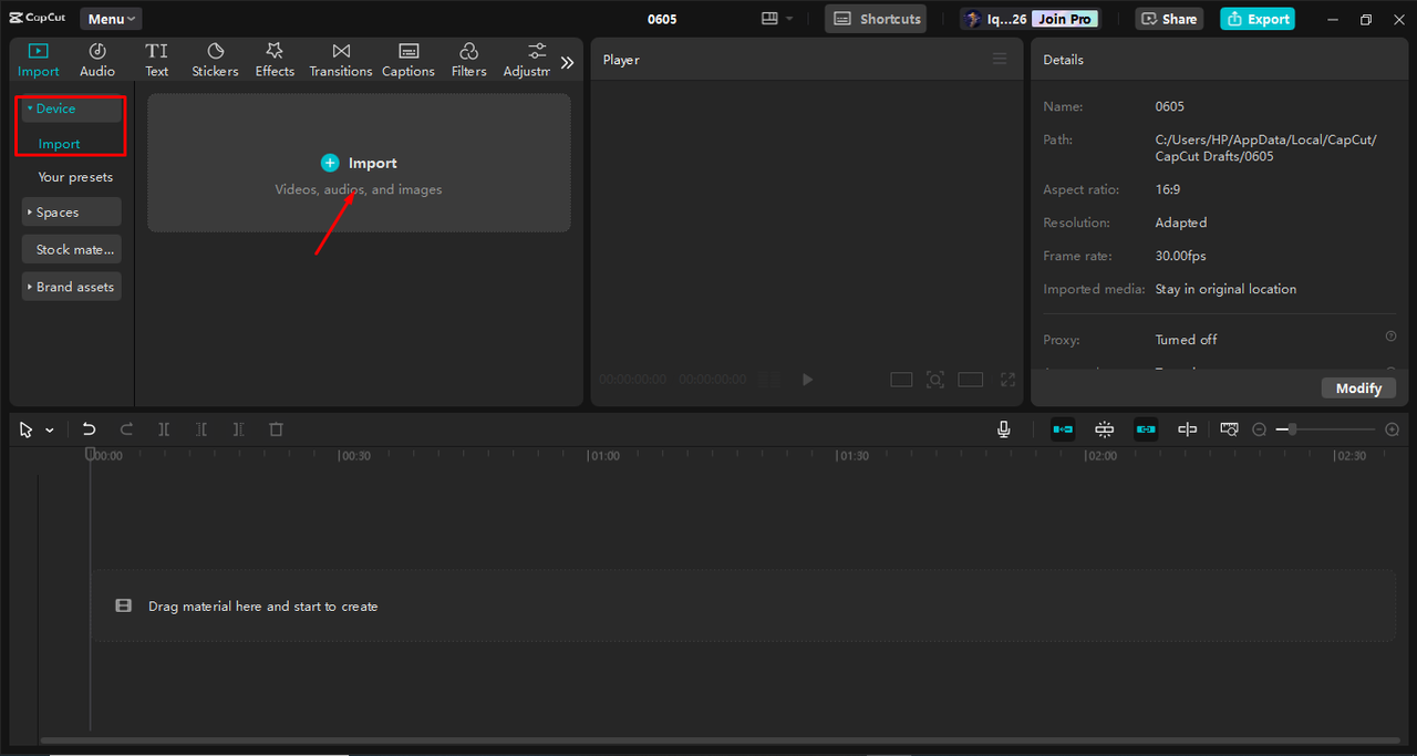 Uploading the video in the CapCut desktop video editor 