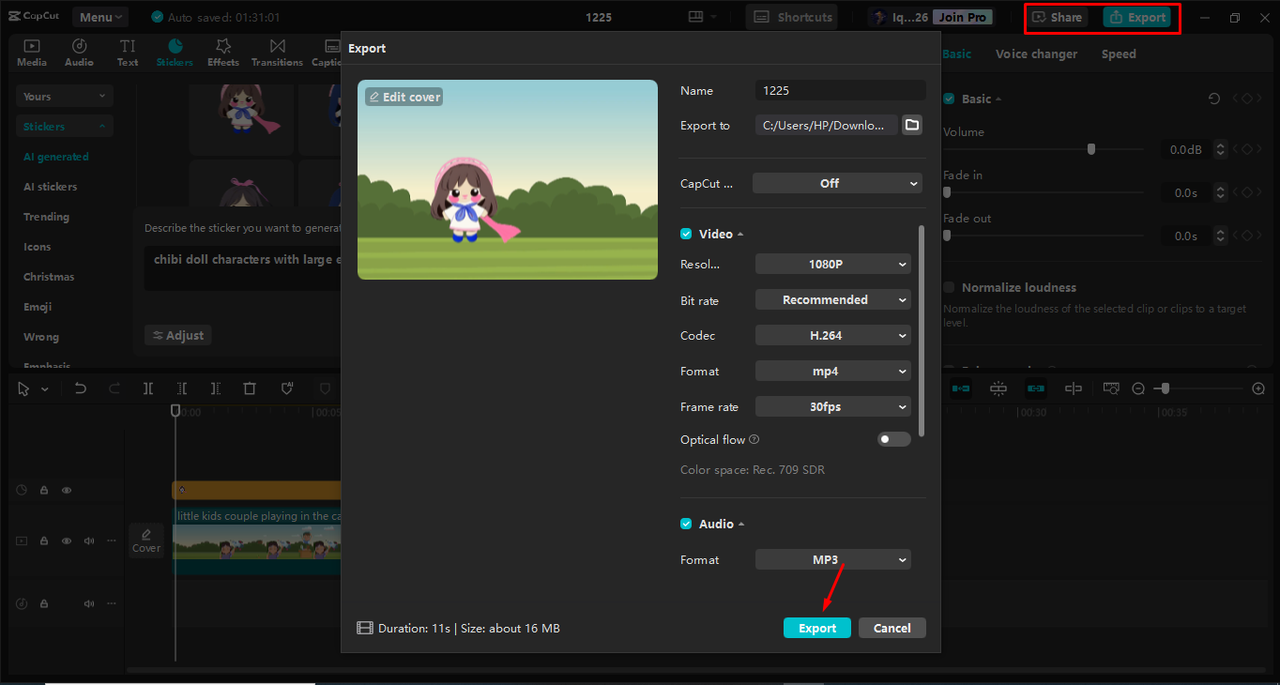 Exporting the video after creating a chibi character design in the CapCut desktop video editor