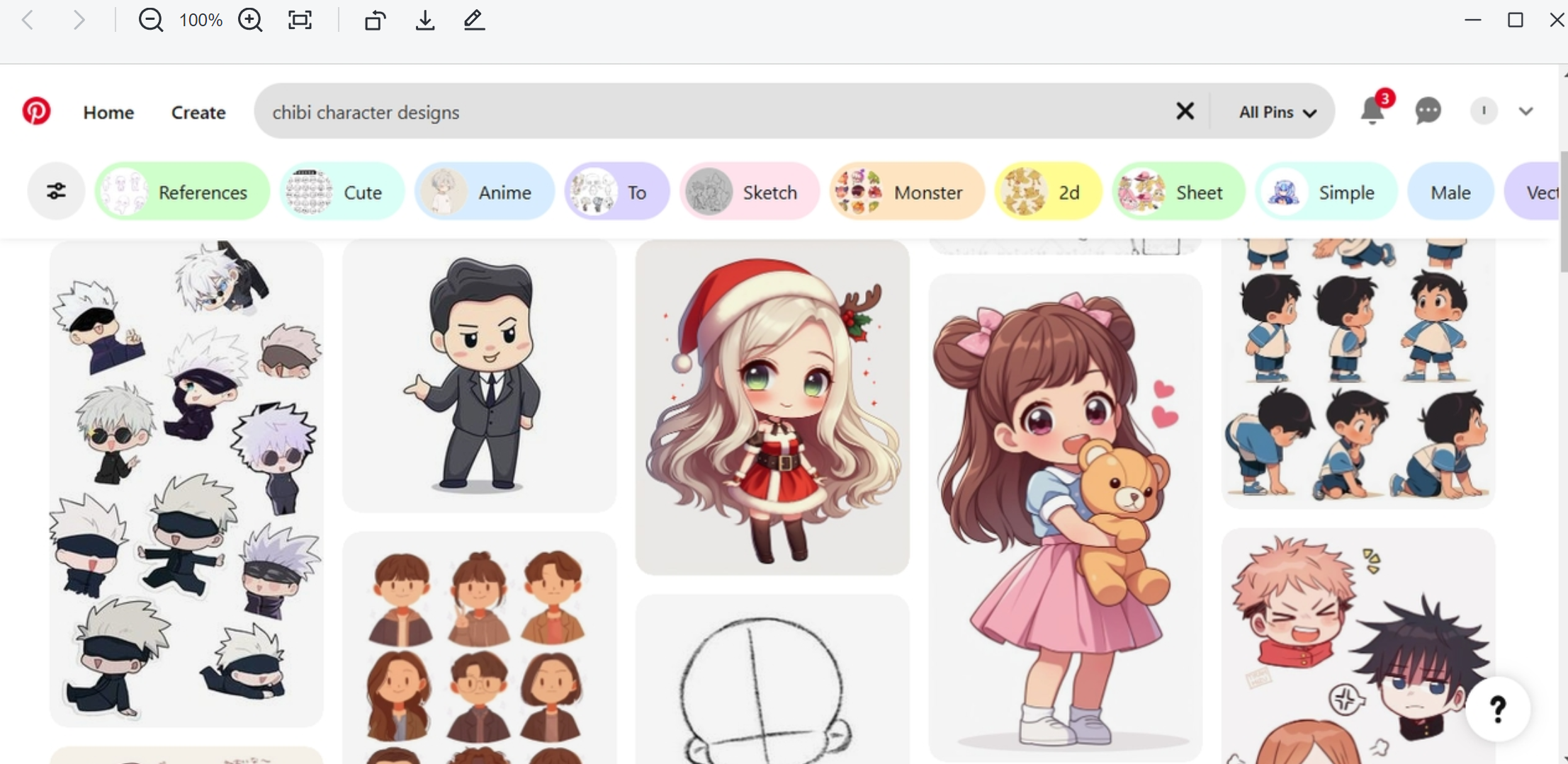 Pinterest interface showcasing chibi character design inspiration