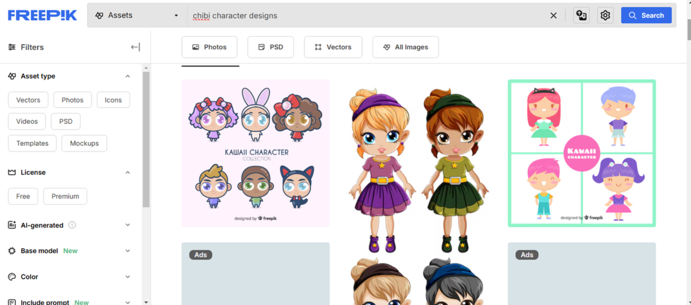 Interface of FreePik displaying chibi character designs for use