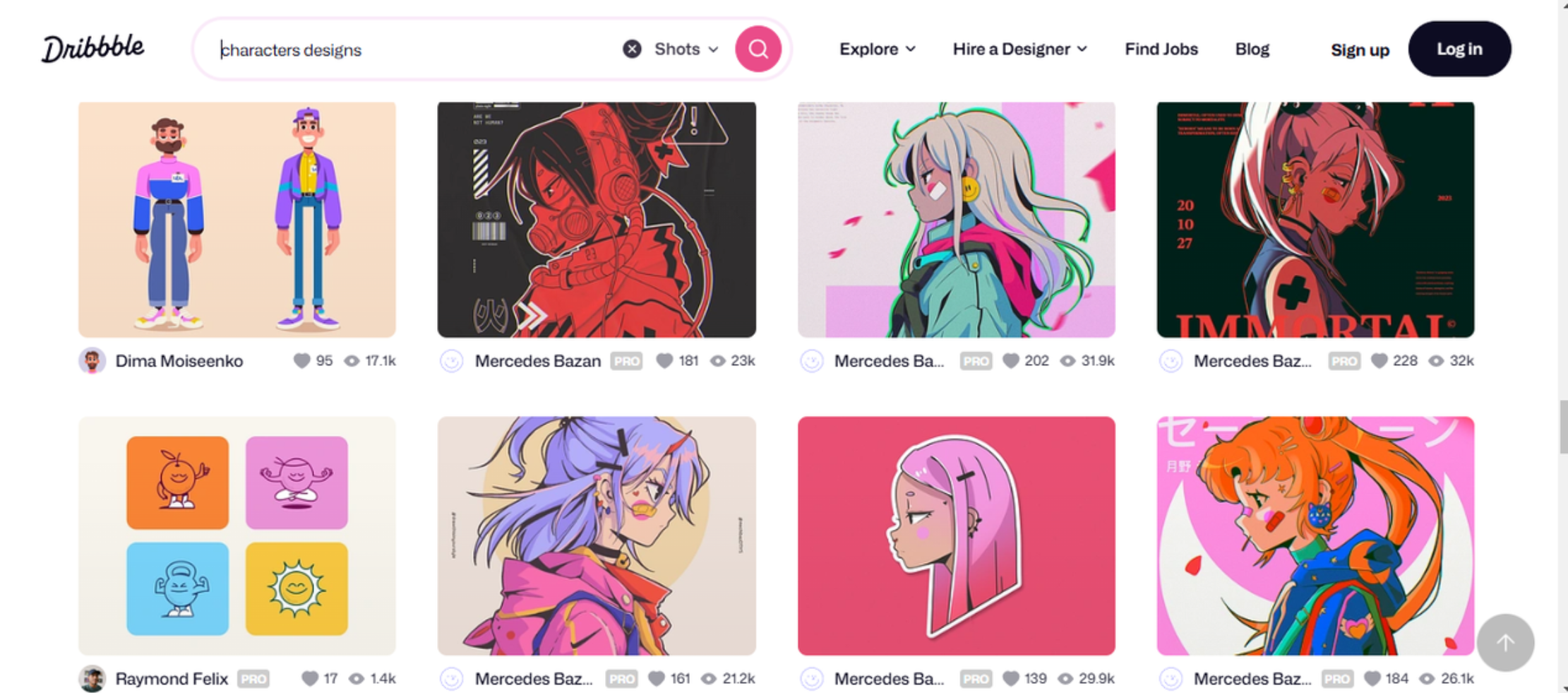 Dribbble interface displaying high-quality chibi character designs