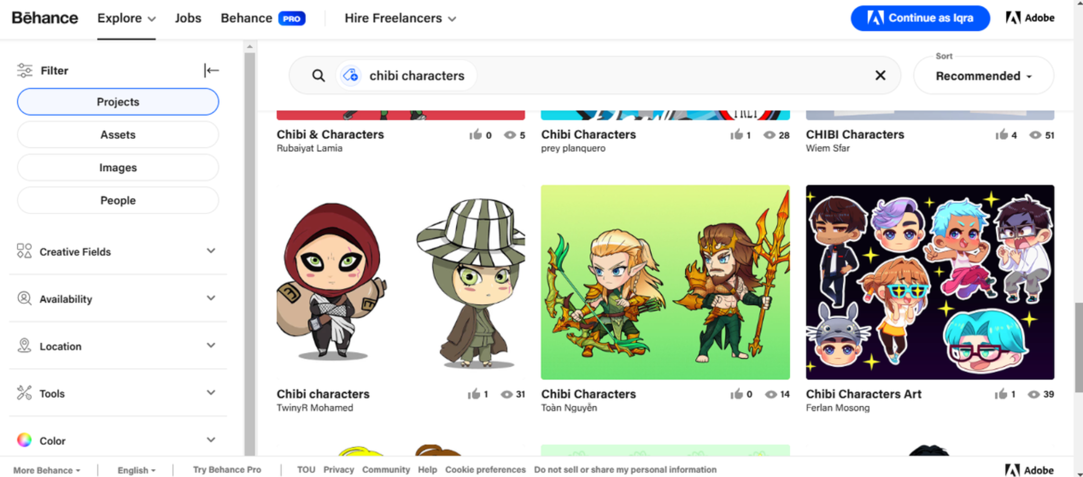 Behance interface showcasing chibi character design portfolios