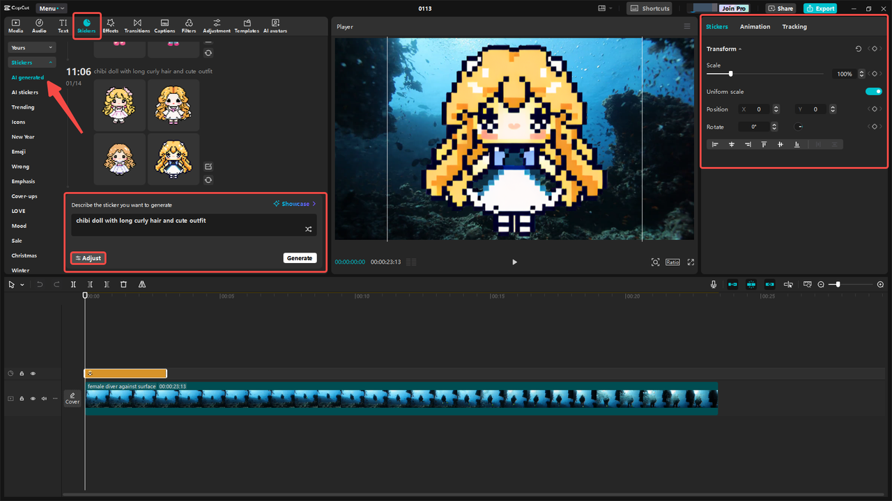 Generating a chibi sticker in the CapCut desktop video editor