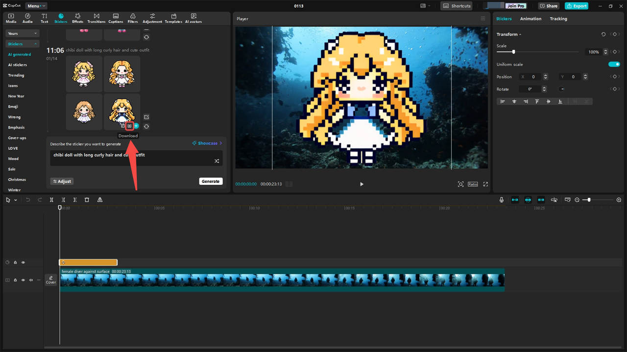 Downloading a chibi character sticker from the CapCut desktop video editor 