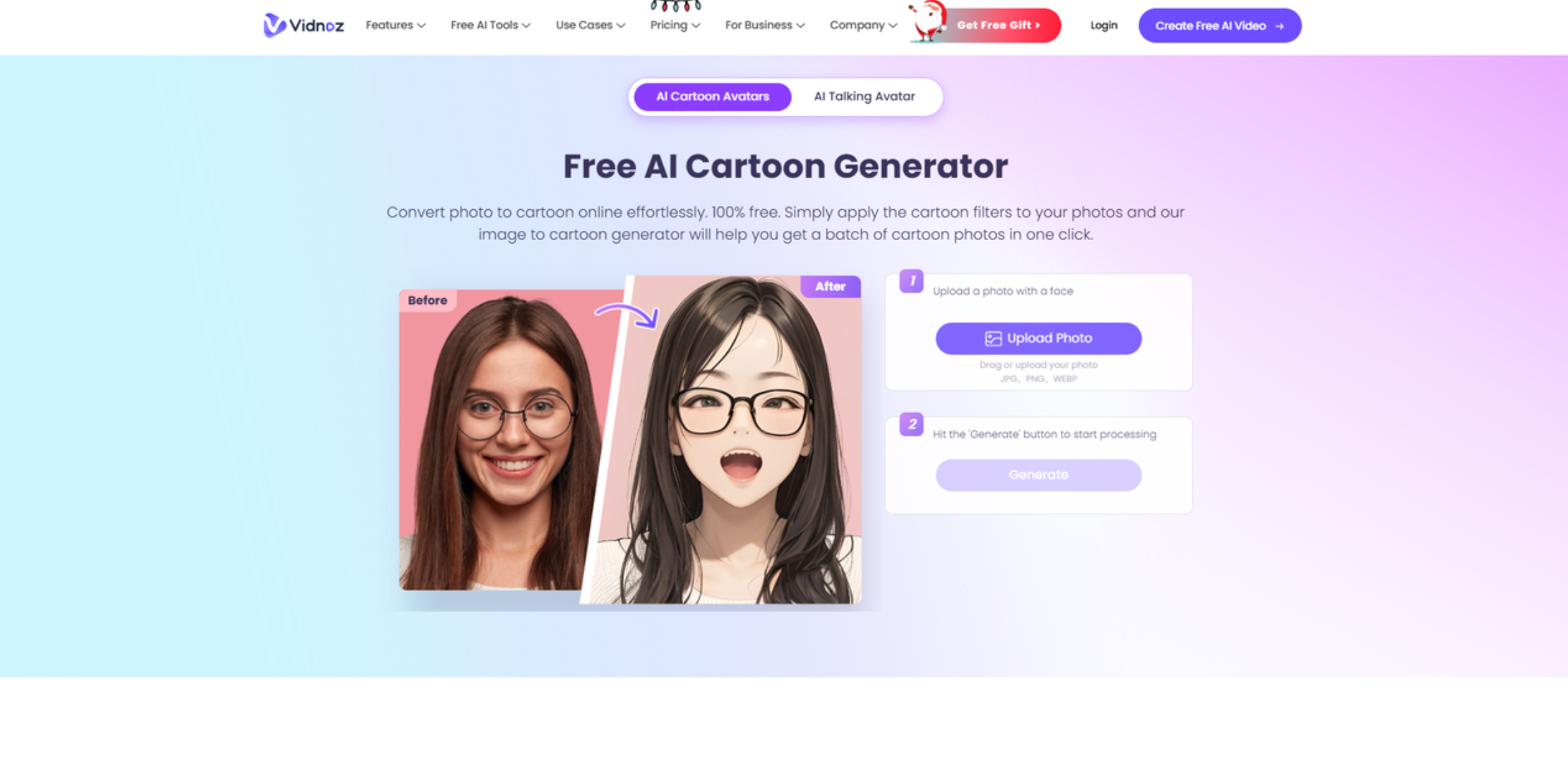 Interface of Vidnoz AI - an easy-to-navigate chibi photo maker