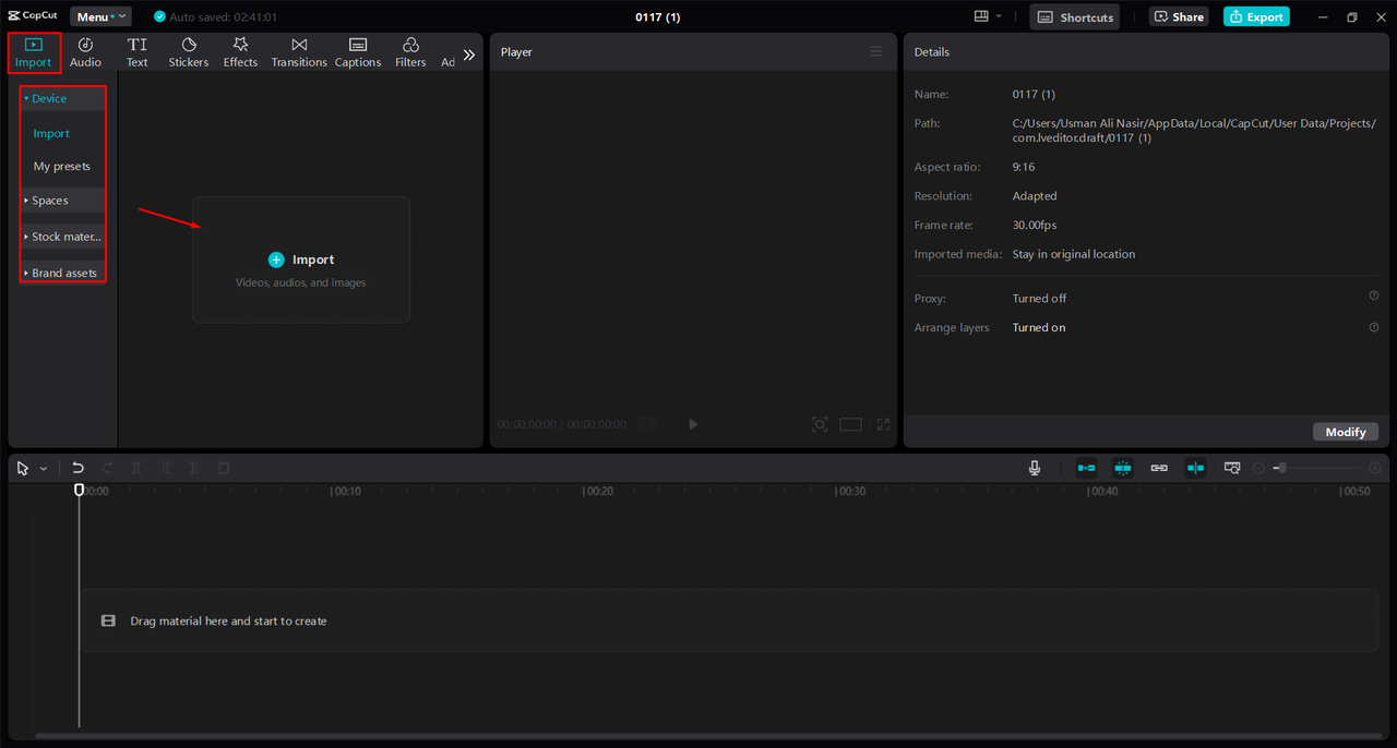 Importing a video into the CapCut desktop video editor 