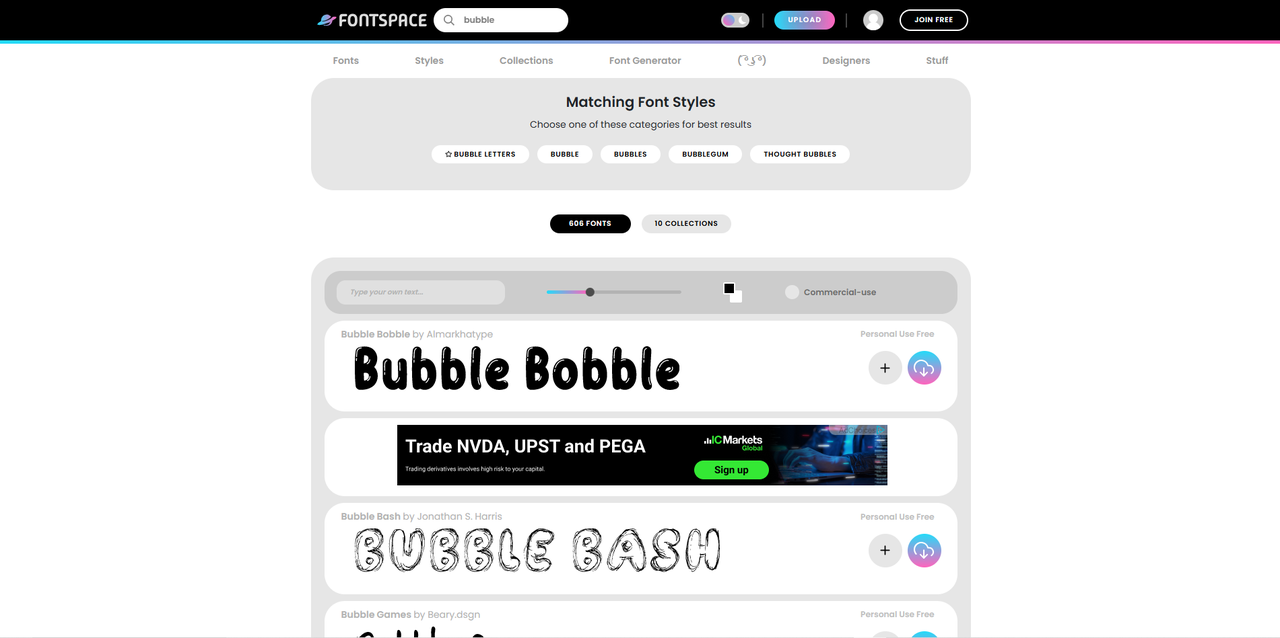 Interface of FontSpace - an easy way to download bubble fonts