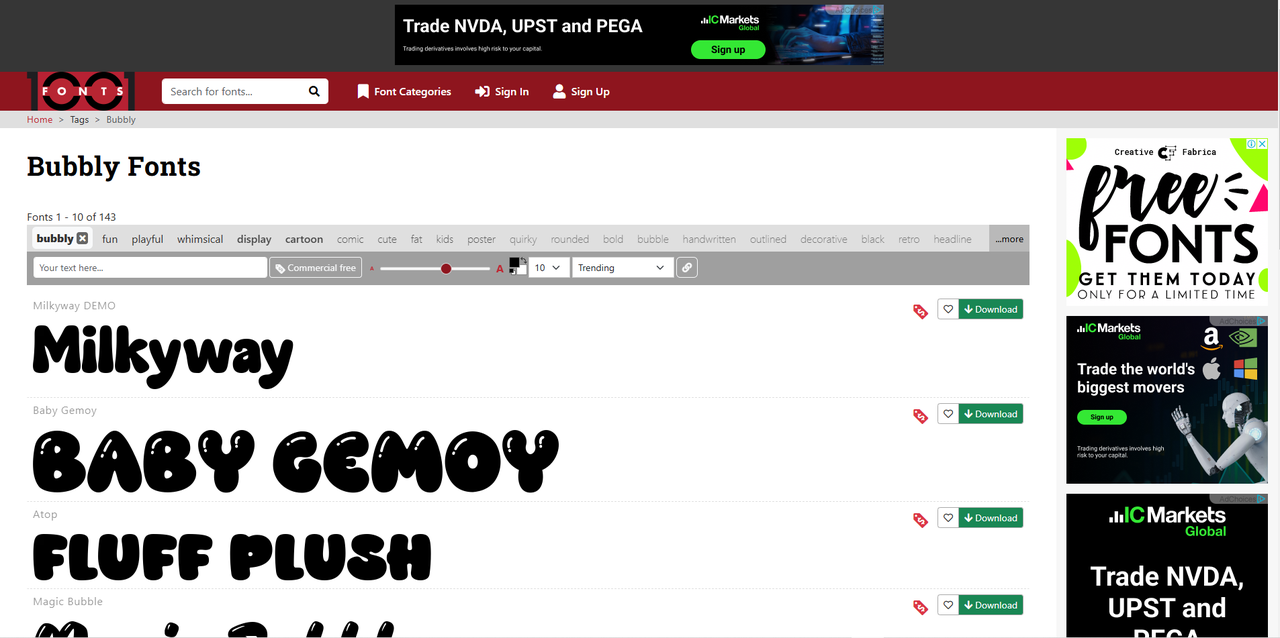 Interface of 1001 Fonts - a quick way to find versatile black bubble fonts