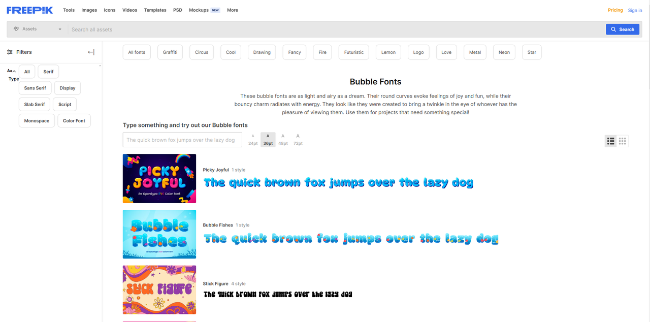 Interface of Freepik - a useful resource for the best bubble letter font