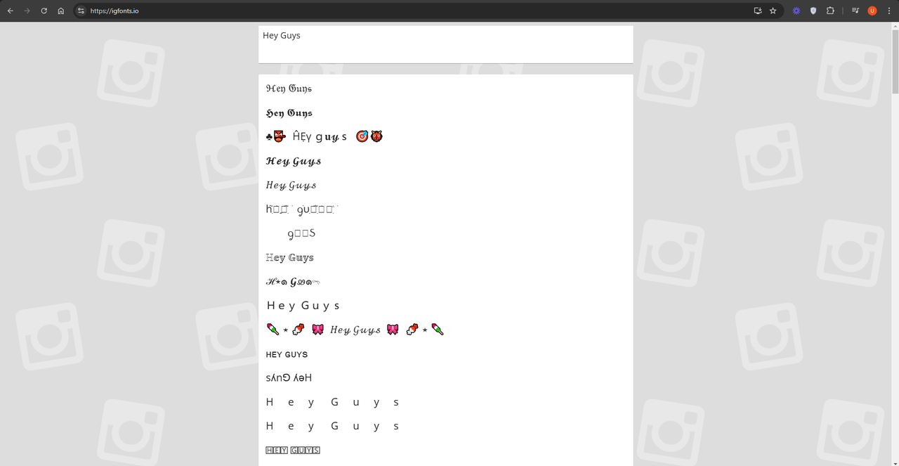 Interface of Instagram Fonts - an ideal tool to generate cute Instagram letters