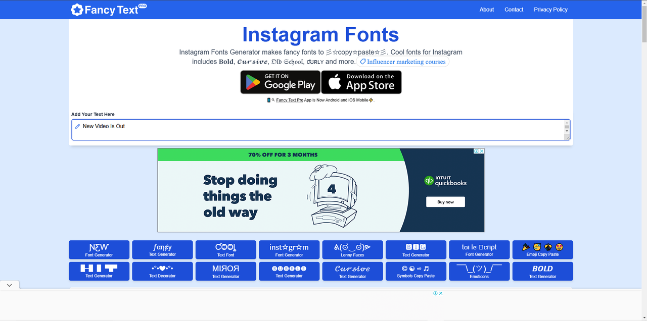 Interface of Fancy Text Pro - a quick way to generate cute fonts for Instagram bio