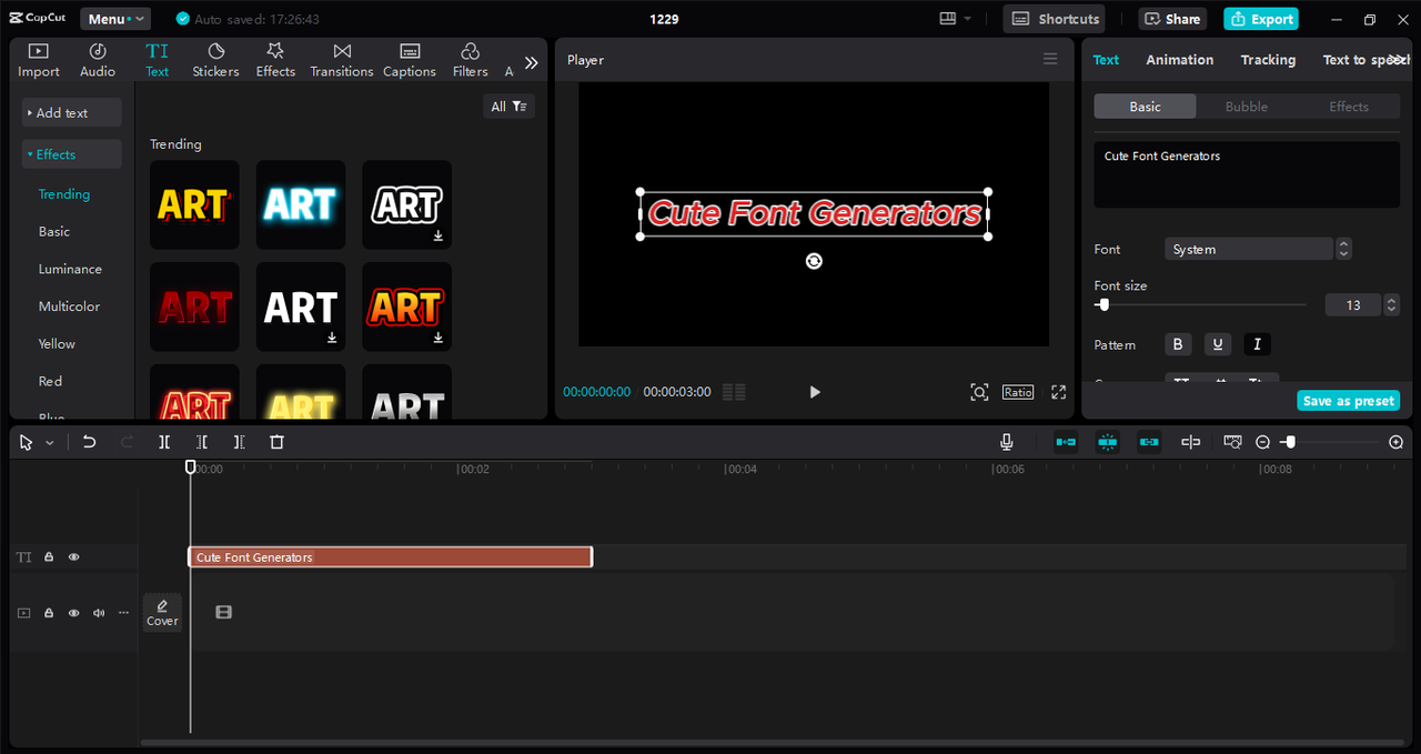 Editing interface of the CapCut desktop video editor - a perfect tool to generate cute bold font