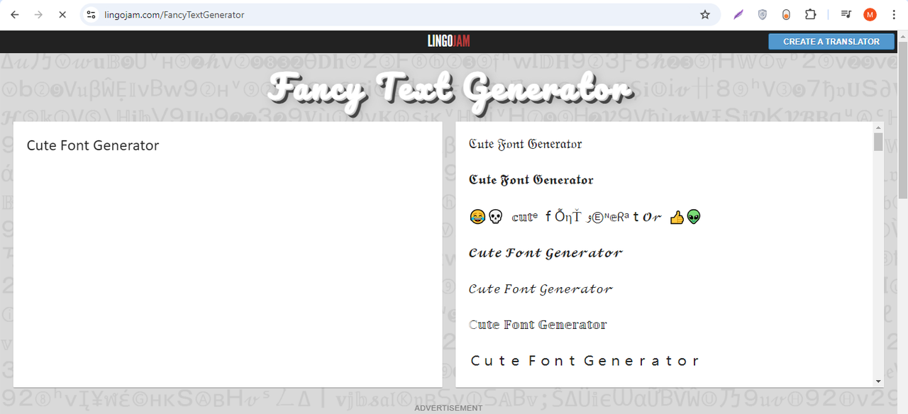 Interface of LingoJam - Perfect cute fonts generator