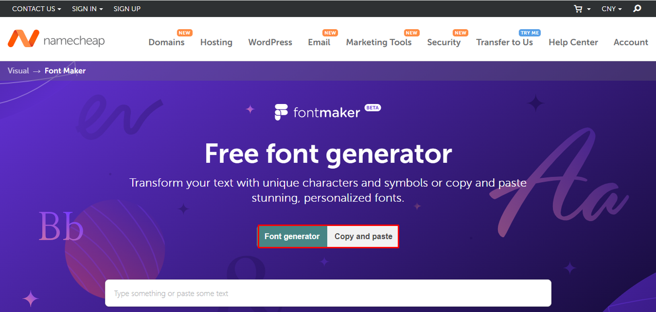 Interface of Namecheap - a reliable cute fonts copy-paste generator