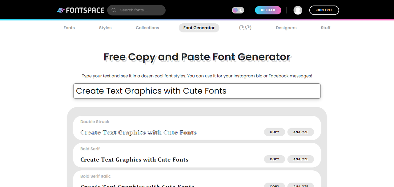 Interface of Fontspace - the popular website for generating cute bold font