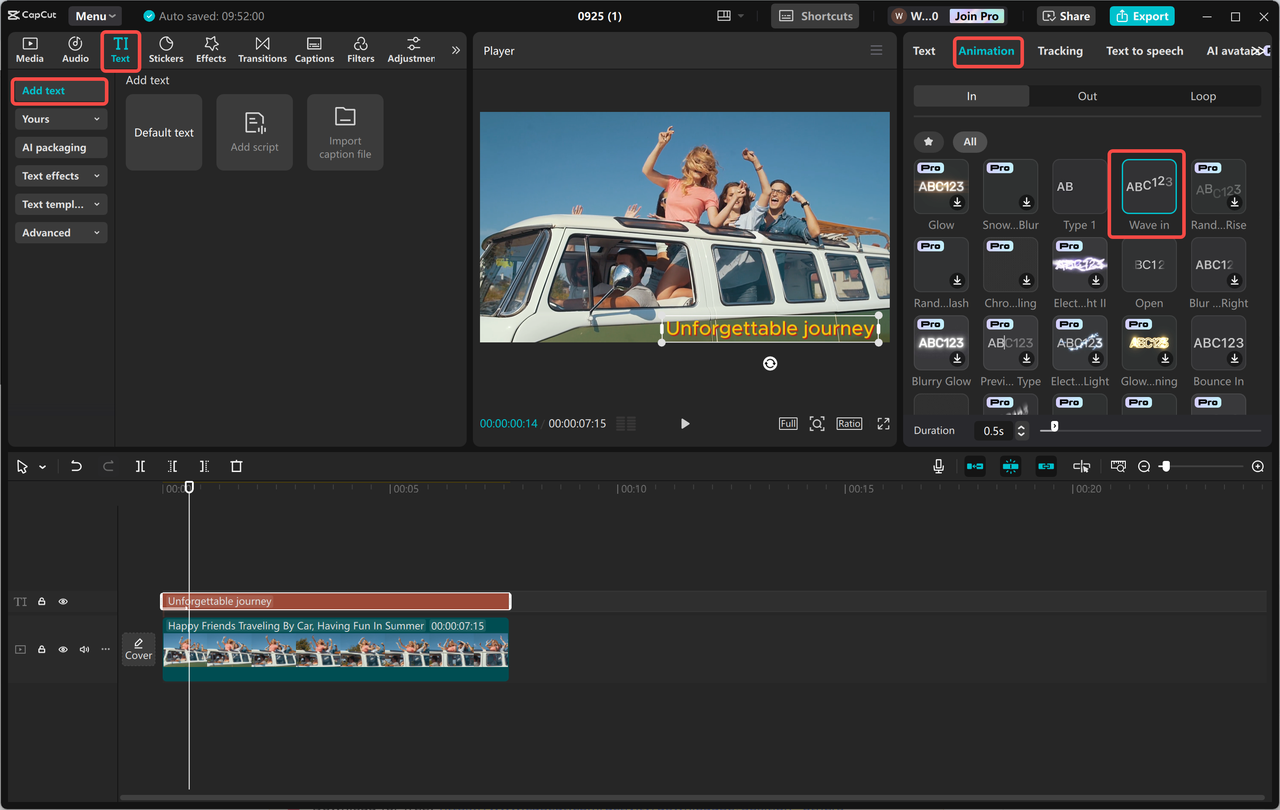 Adding and adjusting the floating letters font in the CapCut desktop video editor